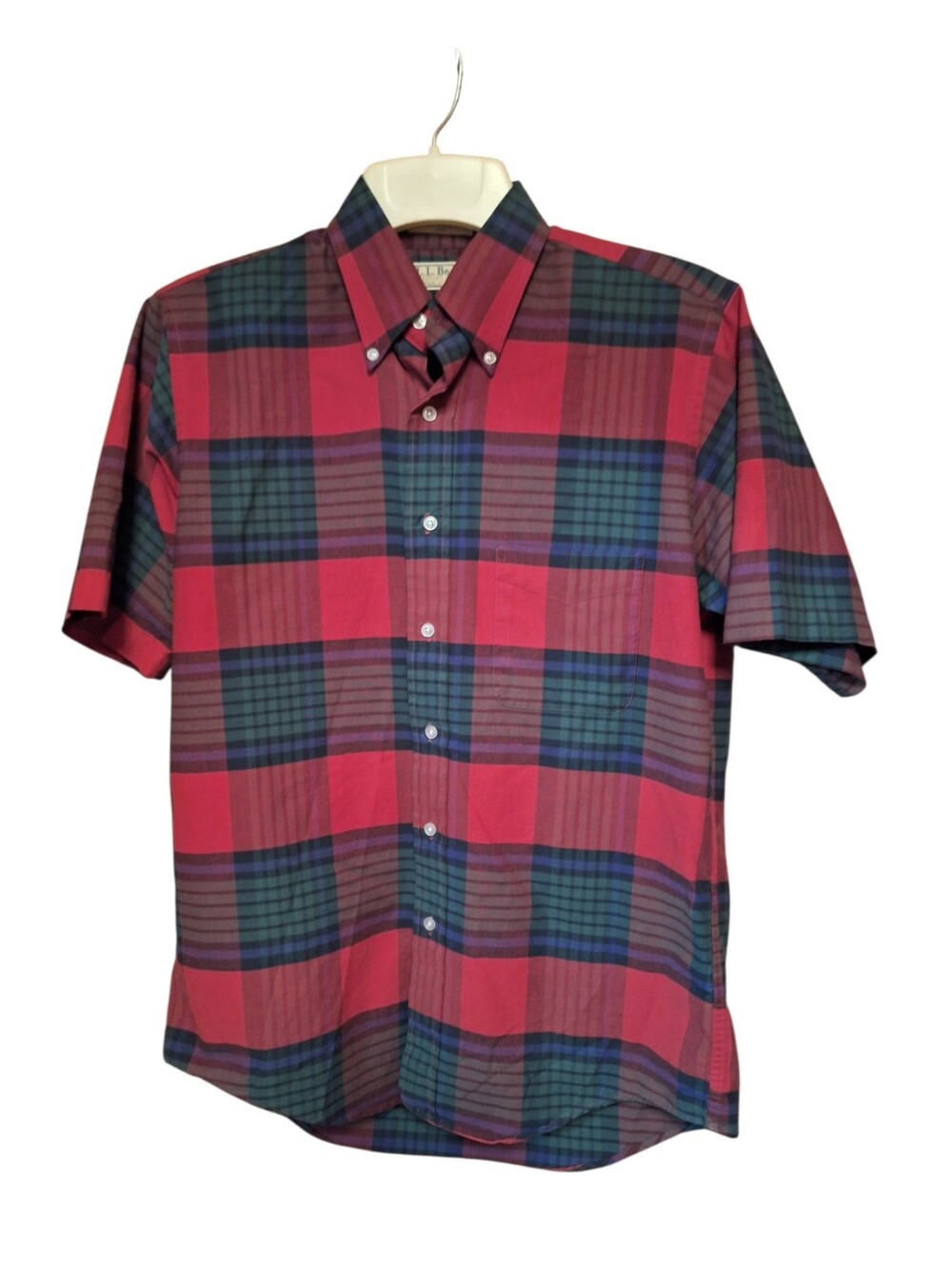 Vintage 90s LL BEAN Plaid Short Sleeve Button Down Oxford Shirt Size 15 1/2 RED